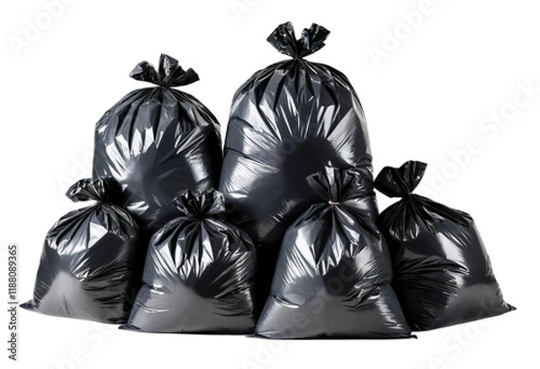 Fototapeta Stack of Black Garbage Bags Against a Black Background