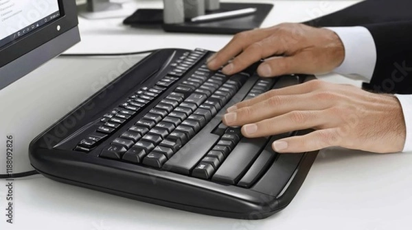 Fototapeta Close-up of hands typing on a keyboard at a desk.