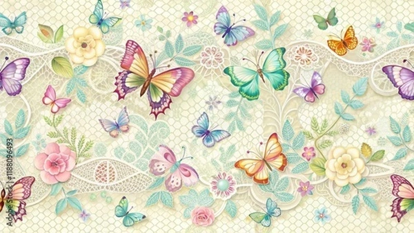 Fototapeta Abstract seamless lace pattern with delicate floral motifs and colorful butterflies , floral motifs, textile design