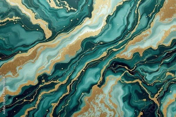 Obraz Abstract marble texture in teal and gold tones, featuring fluid, wavy designs and shimmering accents on a textured background. Concept of luxury. Ai generative
