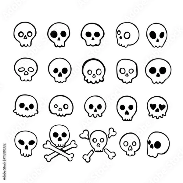 Fototapeta Set of doodle skulls with bones