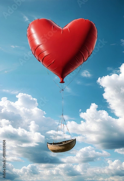 Fototapeta Love Takes Flight: A whimsical and romantic image of a heart-shaped balloon carrying a small wooden boat through a bright blue sky, symbolizing the journey of love, dreams.
