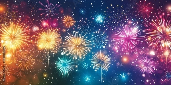 Fototapeta Colorful fireworks show featuring vibrant explosions lighting up the night sky during the celebration, creating a breathtaking display of color and excitement in the festive atmosphere.