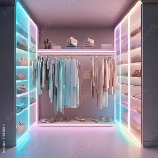 Fototapeta A minimalist 2025 wardrobe featuring AI-curated outfits displayed as holographic models in a sleek, glowing closet.