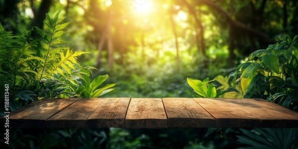 Obraz Wood table background amidst lush jungle plants and bushes. The scene features a beautiful, blurred green summer forest enhanced by sunlight, creating a serene wood ambiance.