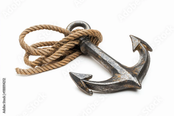 Fototapeta A metallic anchor with a heavy rope coiled around it, isolated on white background