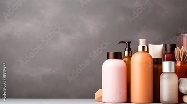 Fototapeta Assorted Bottles of Beauty Products Arranged on a Surface