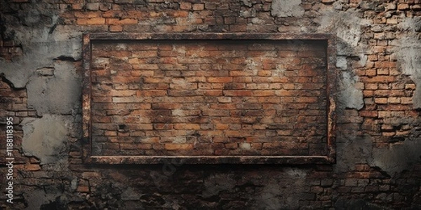 Fototapeta Background featuring an old brick wall with a central frame, providing ample copy space for text. This old brick wall setting creates a perfect backdrop for your design needs.