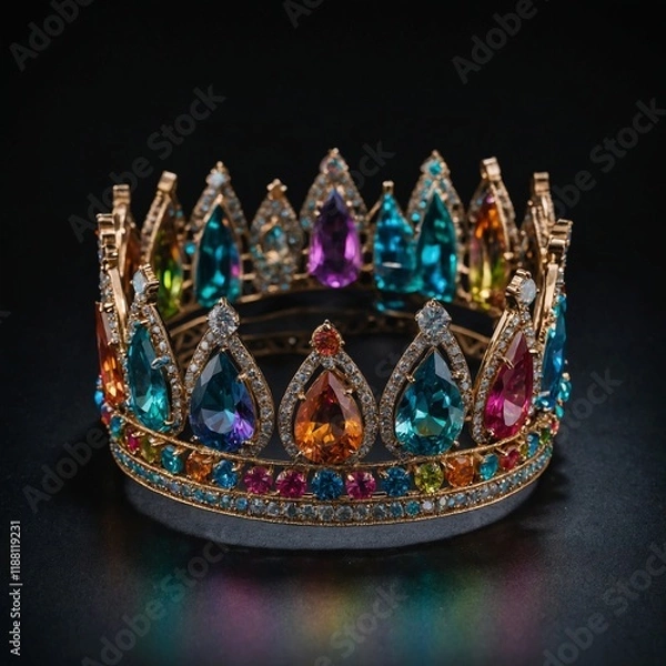 Fototapeta A minimalist rainbow diamond crown with shimmering details on black.


