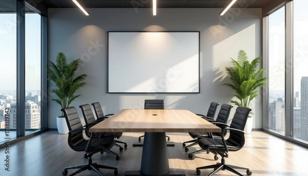 Obraz A vacant poster space in a sleek office meeting room ready for a fresh design touch.