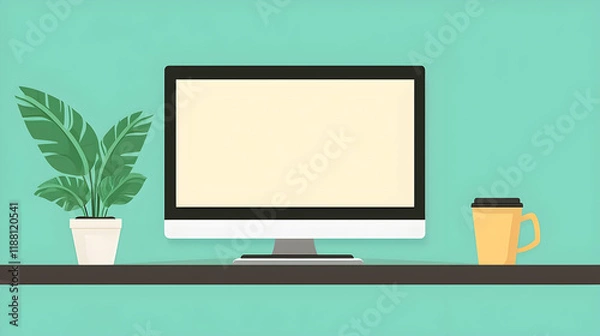 Fototapeta Modern workspace with blank computer screen, plant, and coffee cup on shelf against teal wall; ideal for website banners