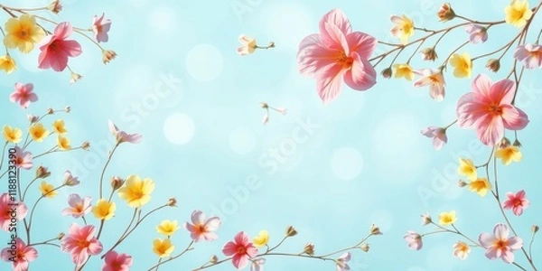 Fototapeta Delicate pink and yellow blossoms gracefully frame a soft blue sky with gentle bokeh effect