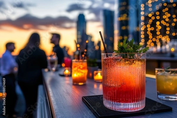 Fototapeta Rooftop bar sunset cocktails.