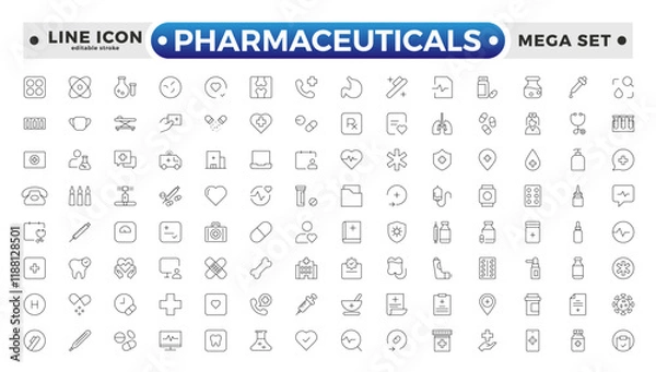 Fototapeta Pharmaceuticals Icon set collection. Set of vector line icons of Medicine and health for web and apps. modern icon and various concepts. Editable stroke outline icon.