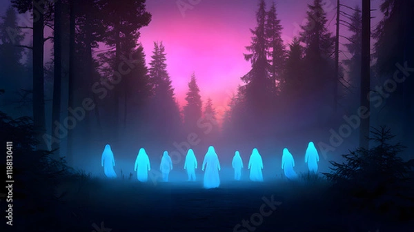 Obraz group of spectral figures gliding across dark forest at twilight, surrounded by tall trees and mystical atmosphere. scene evokes sense of mystery and intrigue