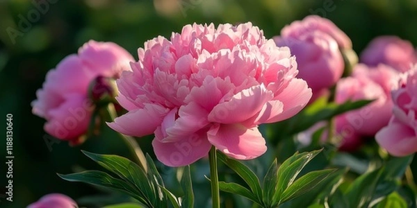 Fototapeta Pink peony flowers are beautifully blooming in the garden. This stunning peony variety features lush blooms and is scientifically known as Paeonia lactiflora, showcasing vibrant pink colors.