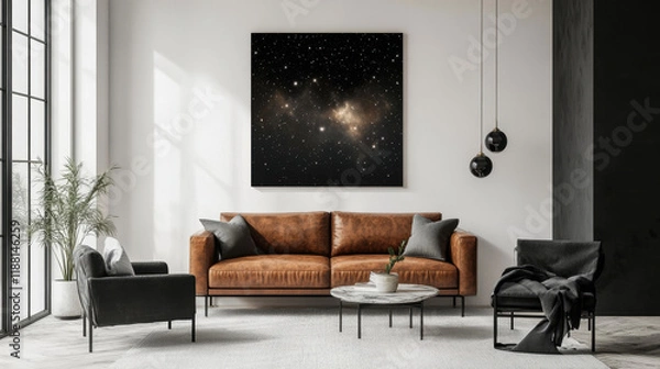 Fototapeta Cosmic Canvas in Modern Living Room: A stunning, large-scale print of a nebula, rich in cosmic dust and star formations, hangs above a brown leather sofa in a contemporary living room setting.