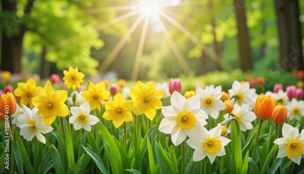 Fototapeta Vibrant spring garden filled with blooming tulips and daffodils illuminated by soft sunlight