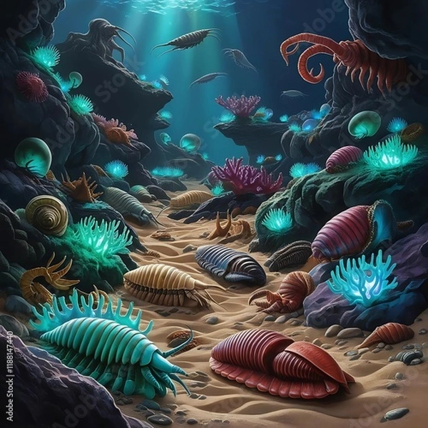 Fototapeta An ancient seabed teeming with bizarre Cambrian creatures like trilobites, Opabinia, and Anomalocaris, illuminated by bioluminescent coral.