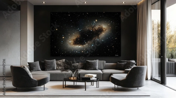 Fototapeta Cosmic Canvas in Modern Living Room: A large-scale artwork depicting a mesmerizing galaxy hangs as a focal point in a sophisticated, dark-toned living room.