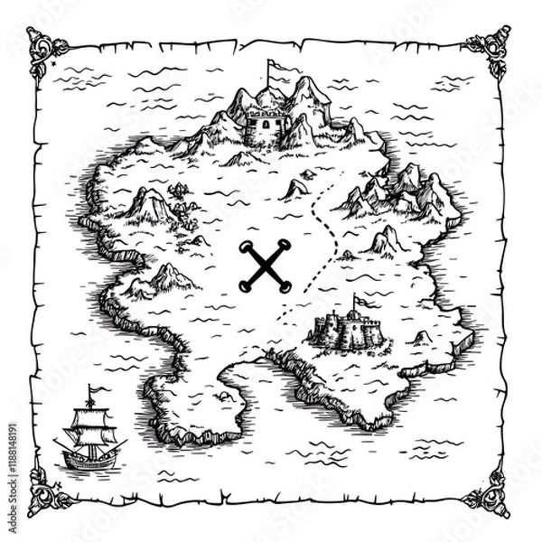 Fototapeta Simple Black and White Coloring Page of a Fantasy Treasure Map