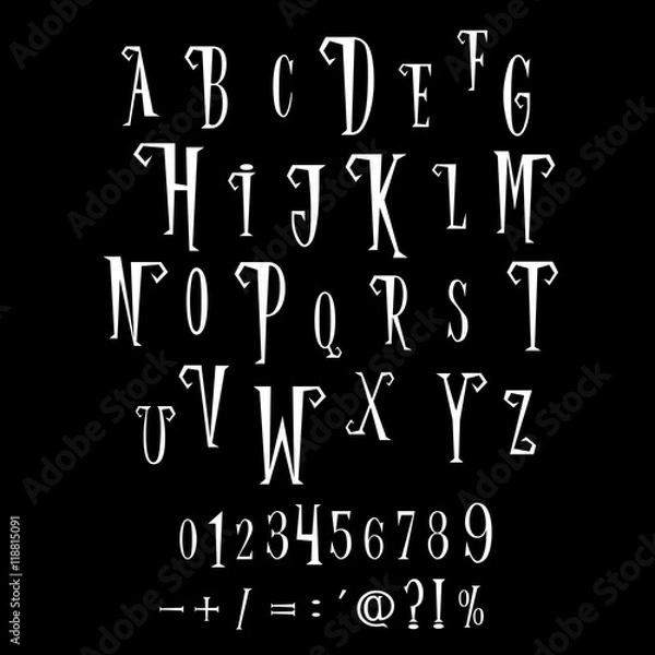 Fototapeta Retro alphabet. Set of white letters different size in vintage halloween cartoon style isolated on black background. Vector illustration