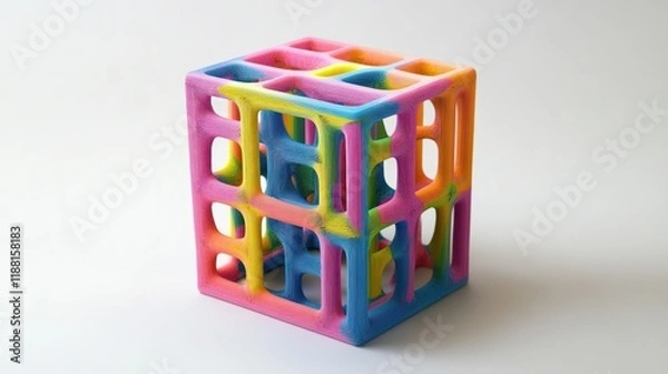 Fototapeta Colorful 3D-printed cube with intricate internal structure, isolated on white background.