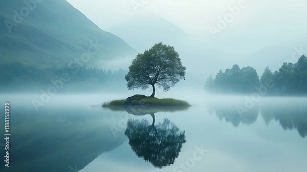 Fototapeta Serene reflection of a lone tree in misty lake tranquil nature scene