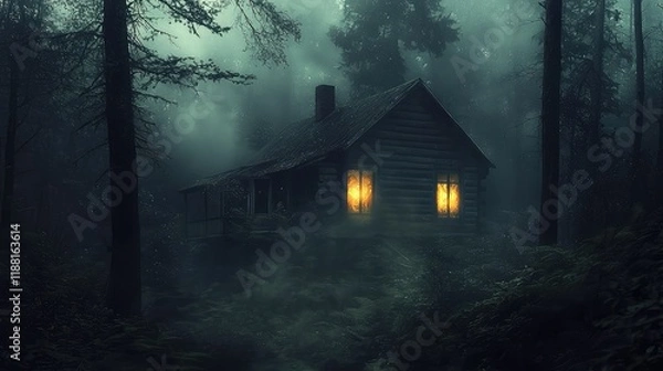 Fototapeta Mysterious Abandoned Cabin in Foggy Forest at Night with Glowing Windows