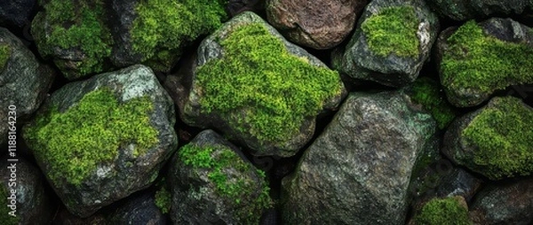 Fototapeta Textured rocks with green moss highlights create a striking natural pattern on the ground in a forest setting