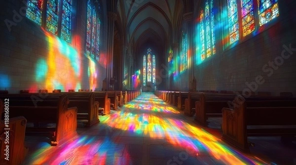 Fototapeta Colorful Reflections from Stained Glass in Serene Church Interior