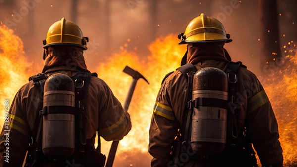 Fototapeta Close-up, back view of two wildfirefighters fighting a wildfire. Created with Generative AI.