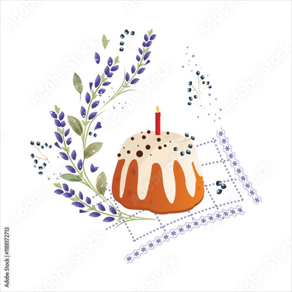 Fototapeta Illustration of an Easter cake with icing and a lit candle. Traditional Russian holiday Easter cupcakes.  Пасхальный кулич со свечой и веточками лаванды.
