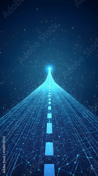 Fototapeta vertical banner featuring glowing low poly wireframe road leading to bright focal point, symbolizing business achievement, strategic goals, technology driven success on blue digital background