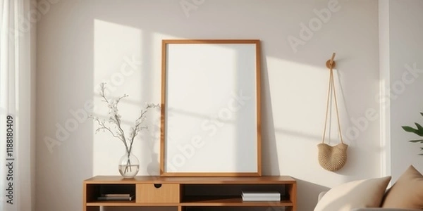 Fototapeta A Minimalist Living Room Featuring a Blank Canvas for Art, a Simple Wooden Shelf, and a Delicate Branch of White Flowers in a Glass Vase