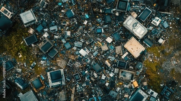 Fototapeta Aerial View of Electronic Waste and Scrap Metal Collection Site