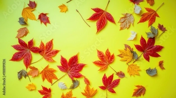 Fototapeta A vibrant display of autumn foliage against a sunny yellow background, showcasing the beauty of nature's changing colors and textures.