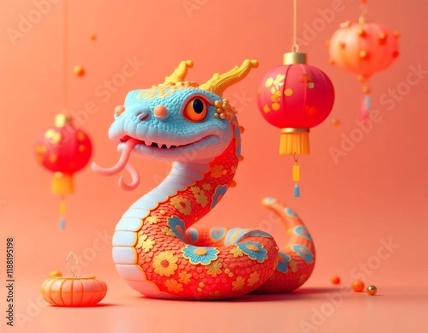 Fototapeta Colorful Snake Figure with Floral Patterns and Lanterns for Chinese New Year Celebration