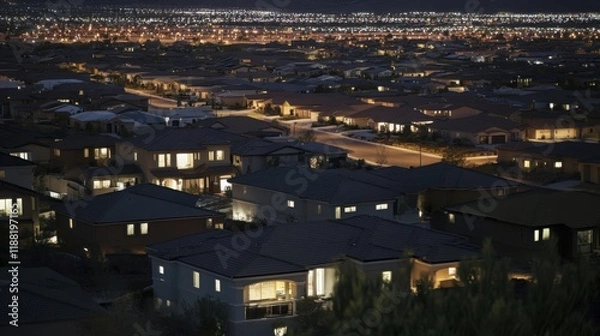 Fototapeta Darkened homes contrasting lit buildings in urban landscape, symbolizing disparity and the contrast between light and darkness in modern society.