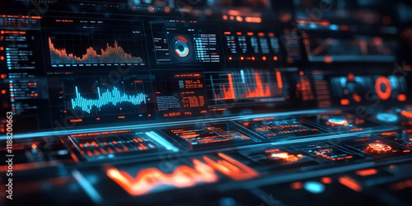 Fototapeta Innovative Data Analytics Dashboard with Futuristic Glow Design, Modern Data Analytics Dashboard Featuring Glowing Visuals
