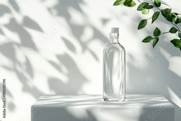 Obraz Clear glass bottle on white surface with leaf shadows.