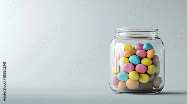 Fototapeta A clear, modern glass jar filled with colorful candies, isolated on a white background for a confectionery ad.