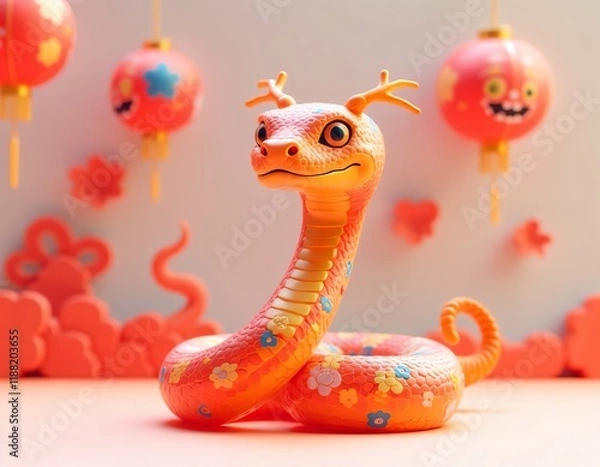 Fototapeta Playful Snake Figure with Floral Designs and Festive Lanterns for Chinese New Year