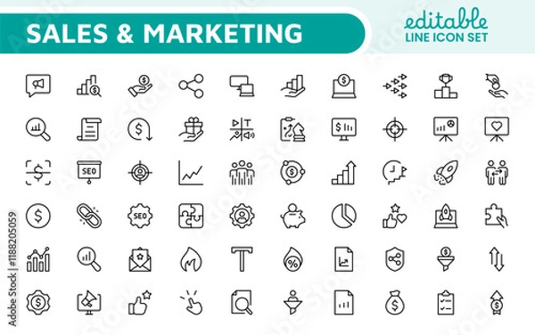 Fototapeta Sales and Marketing Icon Set. A dynamic collection of icons designed to enhance branding, promotions, and customer engagement, perfect for marketing materials and business applications.