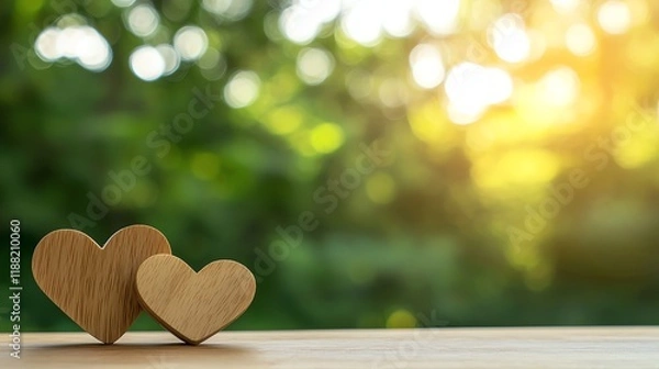 Fototapeta Two wooden hearts on a table with a glowing sunset in the background, symbolizing love and connection.