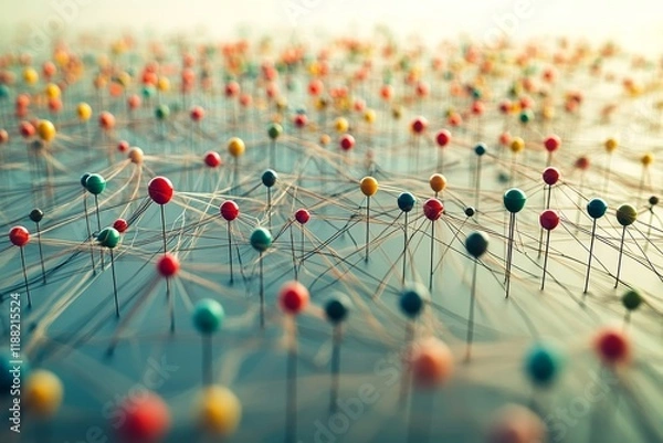 Fototapeta Colorful network of interconnected nodes on reflective surface