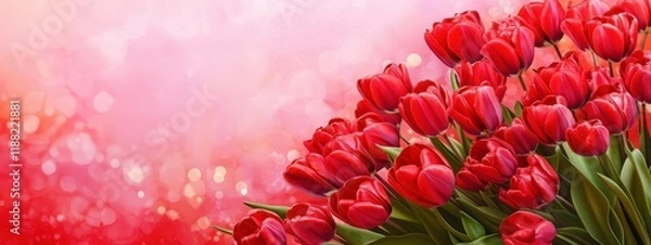Fototapeta Red Tulips Bouquet: A vibrant and romantic bouquet of deep red tulips, background of warm, romantic hues. Valentine's day/ Mother's Day/ Women's Day card with a flower shaped heart and copy space