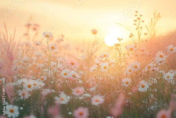 Fototapeta Daisy field glowing in soft morning light