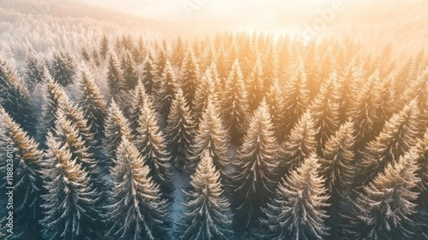 Fototapeta Aerial View of a Snow-Covered Coniferous Forest Bathed in Golden Sunlight