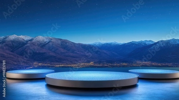 Fototapeta Illuminated Platforms Overlooking Snowy Mountains At Night